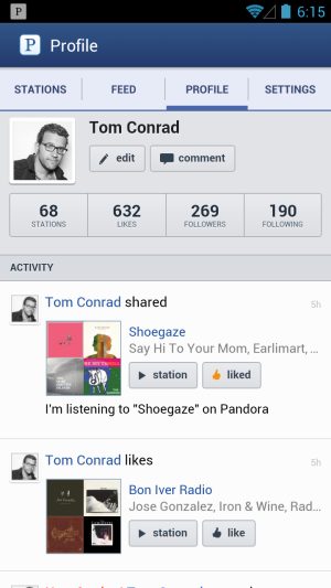 A Pandora 4.0 profile page for the Android.