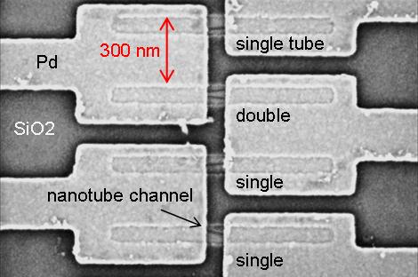 Carbon nanotubes sit on top of features etched in silicon.