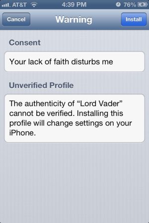 When you touch the "install" button on a profile pushed to an unsupervised device, it pops up a consent message. Since the profiles created by Configurator are unsigned, iOS warns that the profile is "unverified." 