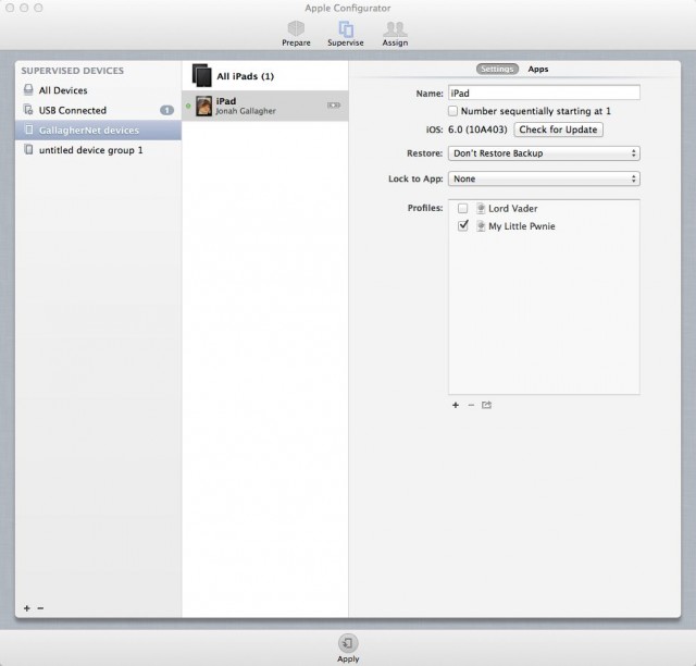 Configurator's Supervise view, with my son's iPad connected and policy selected for application.