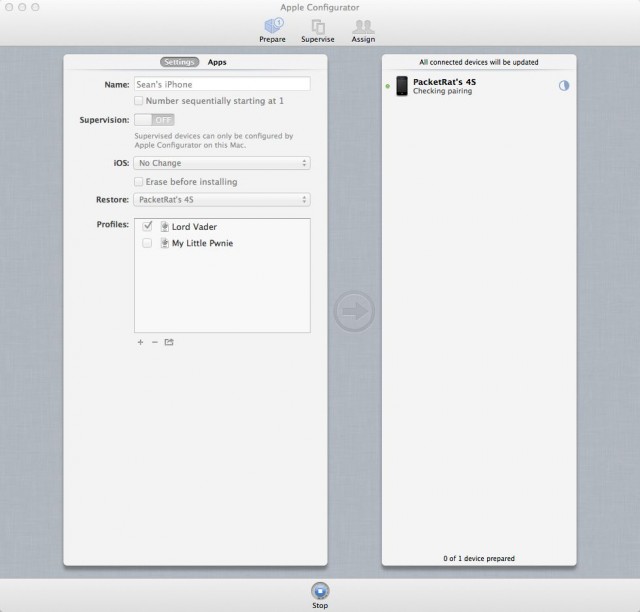 Configurator in Prepare view, applying a policy profile to my iPhone 4S in unsupervised mode.