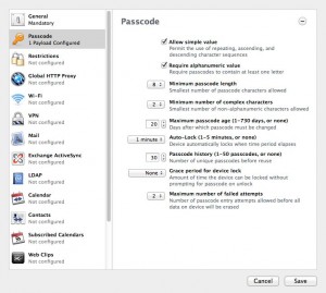 The passcode policy section of the profile editor allows you to set the required length and complexity of user passcodes, as well as how aggressively the device locks itself—and how many wrong answers it allows before it self-destructs the data on the device.