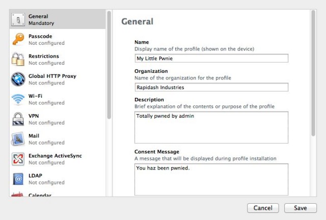 Every profile needs a name. You can also give it a description and a consent notice, so that when it's exported to an MDM tool admins and users know what's lurking within the profile settings.