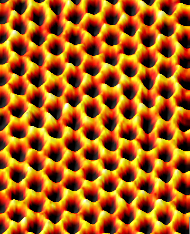 Scanning electron micrograph of graphene, showing the hexagonal structure of the single layer of carbon atoms.