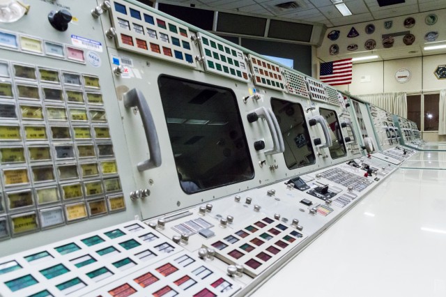 "The Trench" — the front row of the restored Apollo Mission Operations Control Room