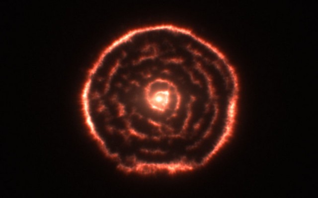 Gas shed by the dying star R Sculptoris forms a lumpy spherical shell with a strange spiral interior. Such a pattern indicates the presence of a hidden companion star.