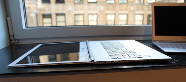 Both laptops have firm "dual torque" hinges, and the 13" model will fold 180 degrees to lie flat on your desk.