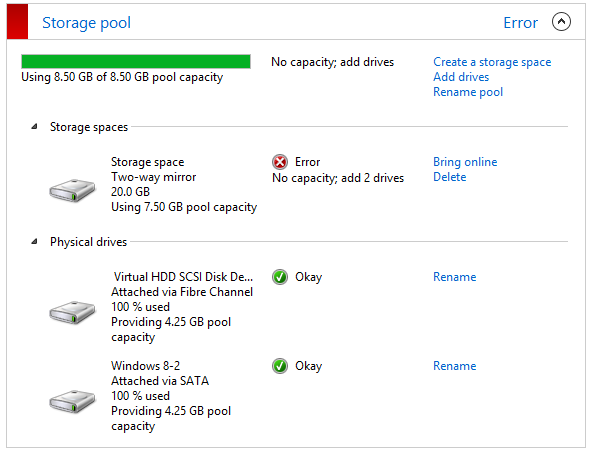 Running out of physical disk space will unmount storage spaces until they're re-mounted manually or until more space is added.