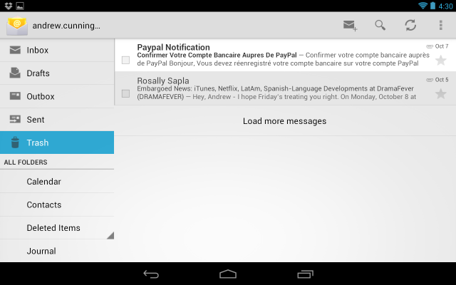 Google's Mail app includes navigation on the left and messages on the right, a relatively efficient use of a tablet's larger screen.