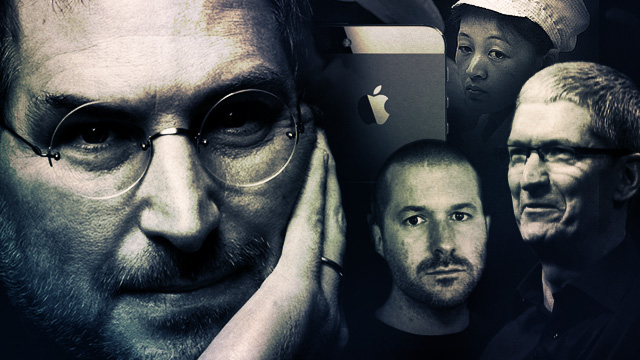 Counter-clockwise from the left, Steve Jobs, Jonathan Ive, Tim Cook, a Foxconn worker, the iPhone 5.