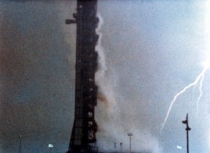 Lightning strikes around the launch pad shortly after the liftoff of Apollo 12.