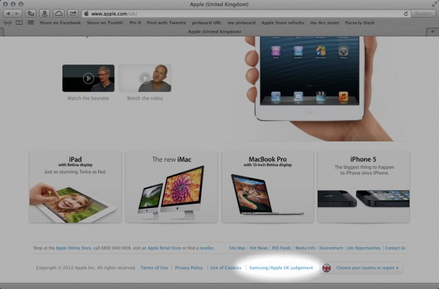 The tiny link to the "Samsung/Apple UK judgement" on the footer of Apple's UK homepage.