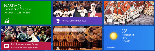Clockwise from top left: Bing Finance, Sports, Travel, Weather, Search, and News. The live tiles on the Windows 8 Start screen highlight the top content of the day in each app.