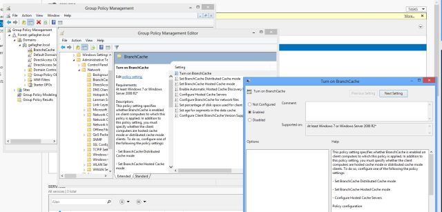 Creating a BranchCache group policy object in Group Policy Management (using Windows 8's remote administration tools for Windows Server 2012). 