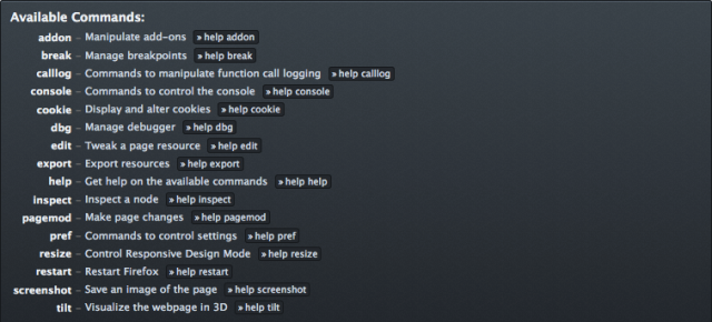 A display of the command line's main "help" command list.