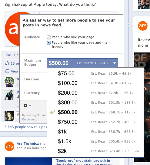 Some of the payment tiers to promote a Facebook post on Ars' page.