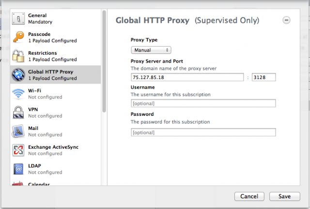 Another new "supervised mode" capability exposed in Configurator 1.2 is forcing the use of a global proxy for iOS applications. Global proxies can be used to ensure that all of the IP traffic coming to and from an iOS device can be packet-filtered regardless of what network the user is connected through. Of course, you could use the settings to configure an anonymizing proxy for all your iOS apps as well, but I suspect that's a side many organizations will consider secondary to data loss prevention or enforcing usage policies.