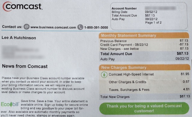 My Comcast Business Class bill, front side.