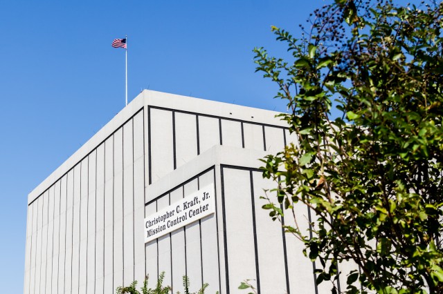 The exterior of Building 30, which houses the rooms collectively known as "mission control." The flag on the roof flies whenever there is at least one American in space.