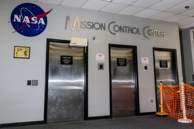 Security doors leading to Building 30's Mission Operations Wing.