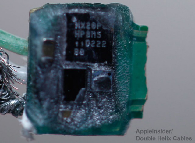 The tiny "authentication chip" buried inside each Lightning connector.