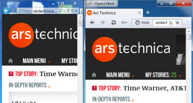 However, only Internet Explorer renders text sharply using Windows 7's 200 percent scaling mode. IE9 is on the left and Opera 12.10 is on the right.
