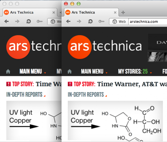 Opera looks nice and sharp on a Retina Display in OS X (enlarge to see the effect more clearly). Opera 12.02 is on the left and 12.10 is on the right.
