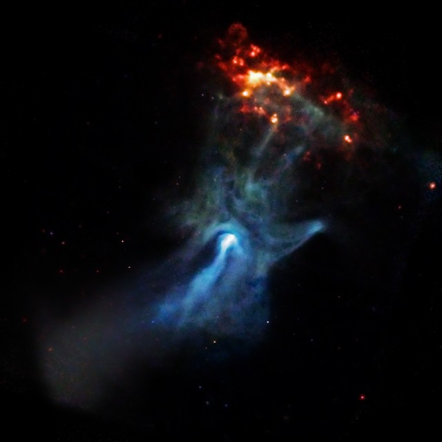 The nebula surrounding the pulsar PSR B1509-58, as seen by the Chandra X-ray Observatory. The pulsar itself is about 20 kilometers in diameter, too small to be visible directly, but its rotation rate can be measured by timing the powerful beam of light that sweeps regularly across our field of view.