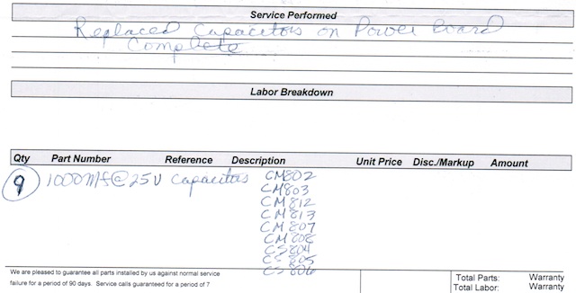 Part of my receipt, showing the nine 25V capacitors used to replace the bad ones.