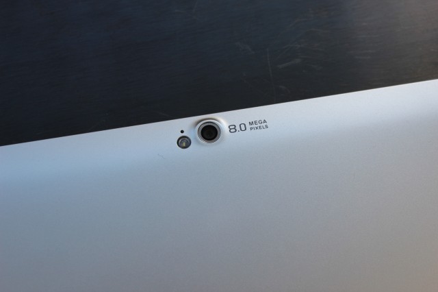 The 8 megapixel camera on the reverse side of the W510. The tablet also includes a 2 megapixel camera on the front.