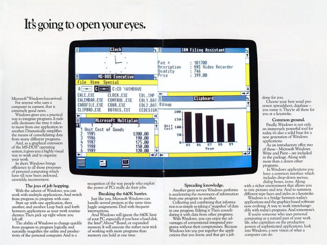 Windows 1.0 was released in November 1985, with the brochure shown above arriving in January 1986.