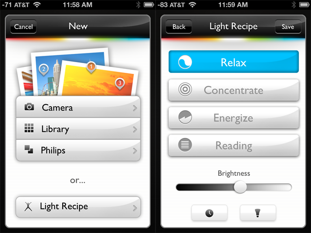 <strong>Left:</strong> Creating a new scene: do you start with a photo of your own choosing, a picture from Philips, or a pre-built "recipe"? <strong>Right:</strong> The built-in "recipes" are supposedly tuned to enhance certain moods or mental states. They're neat, but they did not help me finish this review any faster.