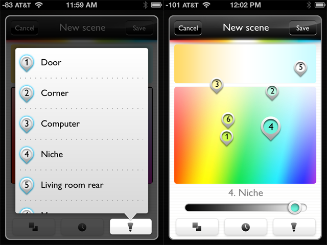 <strong>Left: </strong>Step two is picking which lights your new scene will use. Limiting certain scenes to certain lights is the easiest way within the app to group the lights together, and this is how you use the app to control lights in different rooms separately. <strong>Right:</strong> The last step is using the picture you selected (in this case, I picked the full spectrum pic provided by Philips) to set your lights' colors.