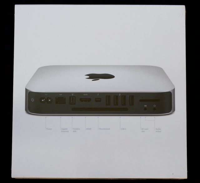 The Mac mini box, back, with ports called out.