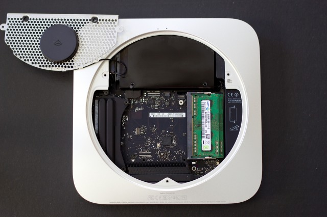 The mini, partly disassembled. Visible at top is the Samsung SSD.