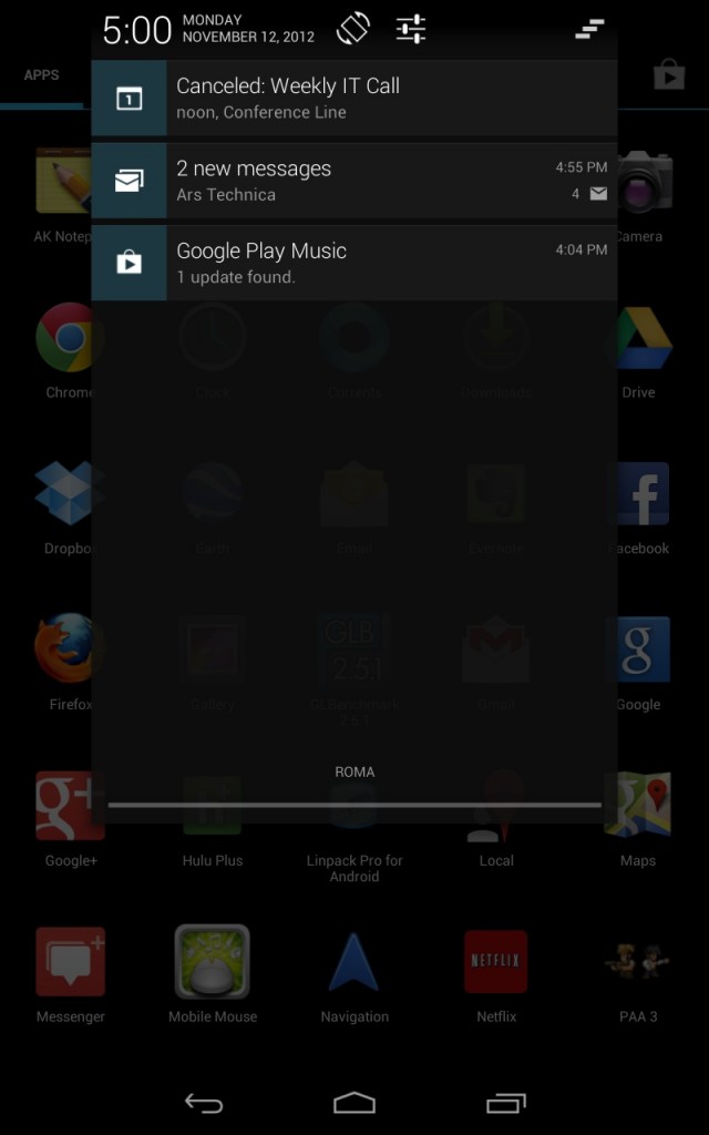The old Android 4.1 notifications menu was center-aligned and included links to a couple of settings.