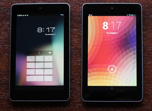 A Nexus 7 running Android 4.1 (left) next to one running 4.2 (right). By comparison, Android 4.2 is much more eager to tell you what hour it is.