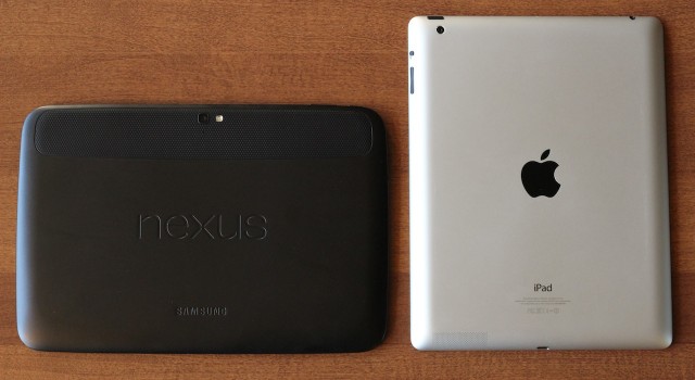 The fourth-generation iPad is wider and shorter than the Nexus 10 is in portrait mode, but more importantly is a little thicker and a little heavier.