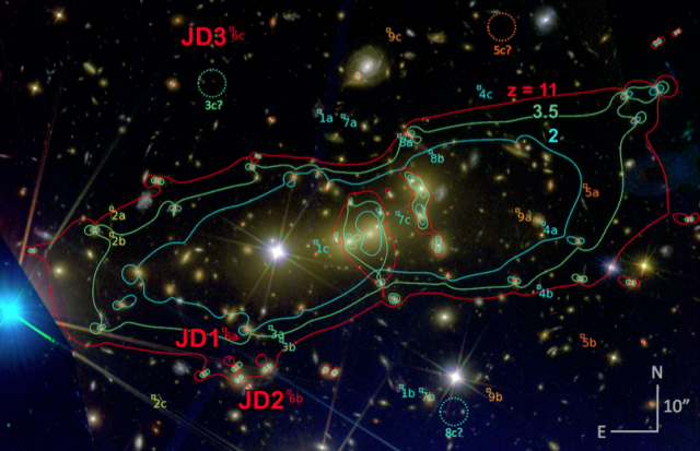 The contours of the gravitational lens (colored lines) along with the three images of the distant background galaxy (JD1-3).