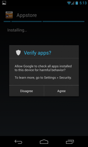 This warning pops up when the user downloads a side-loaded application. 