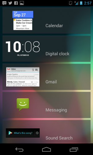 The lock screen widgets available in Android 4.2.