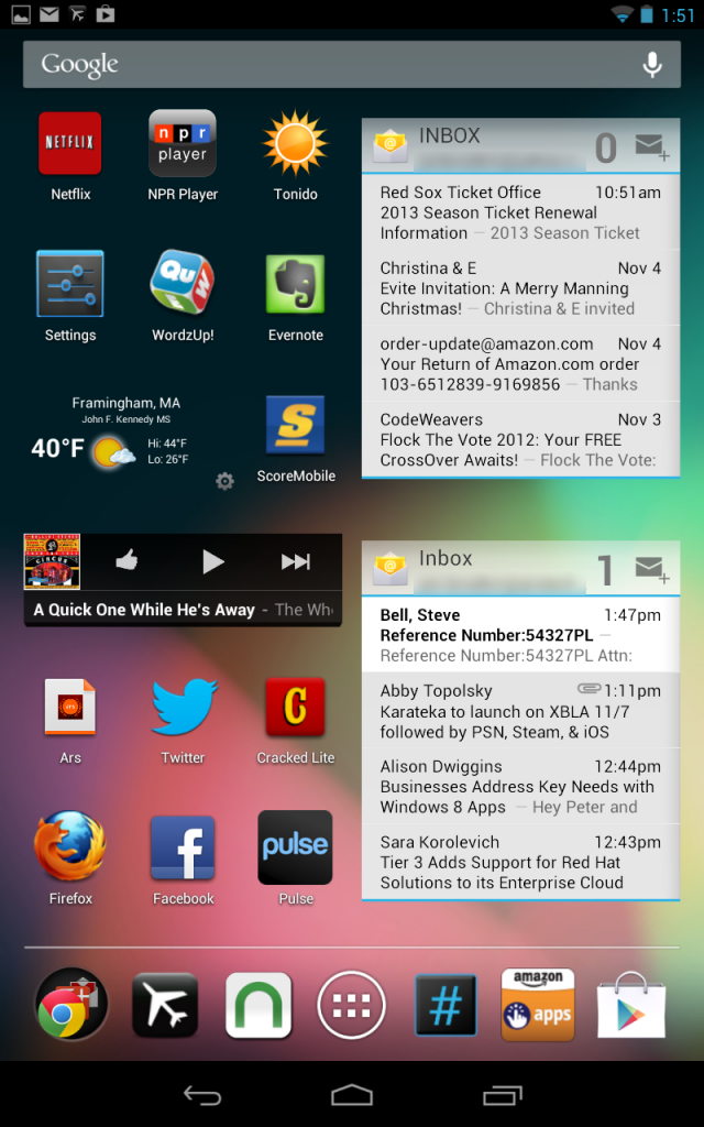 My Nexus 7's primary home screen, with widgets for e-mail, music, and weather.
