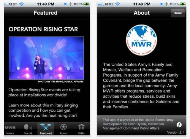 Screen shots from the U.S. Army's Morale, Welfare and Recreation Programs app for iOS, one of nine Army apps in Apple's iOS App Store.