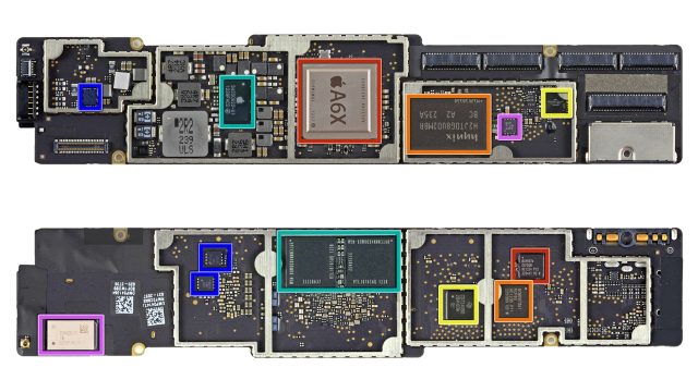 Above: the top of the iPad 4 logic board, with its Apple-designed A6X processor. Below: the bottom features 1GB of RAM, along with power mangement and support chips.