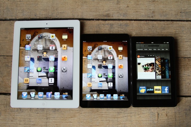 Left to right: Third-gen iPad, iPad mini, Kindle Fire