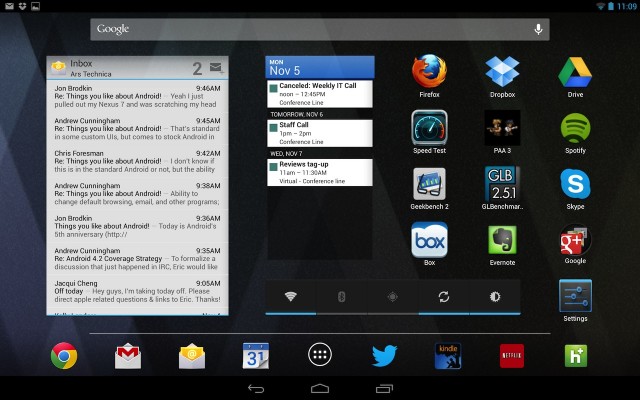 The Nexus 10 in landscape mode, populated with widgets and icons. Note that the "dock" is across the bottom of the screen in this mode, reflecting widescreen tablets' tendency to be used primarily in landscape mode.