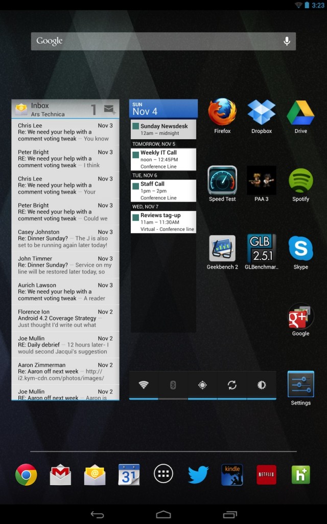 The Nexus 10 in portrait mode. The application dock stays at the bottom of the screen, but there's at least a row of wasted home screen space (note the padding above and below the widgets).