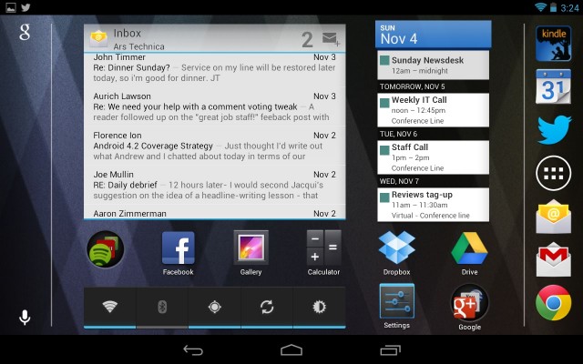 The Nexus 7's screen in landscape mode, which was introduced in the Android 4.1.2 update. The dock rotates to the right side of the screen here, keeping it thumb-adjacent.