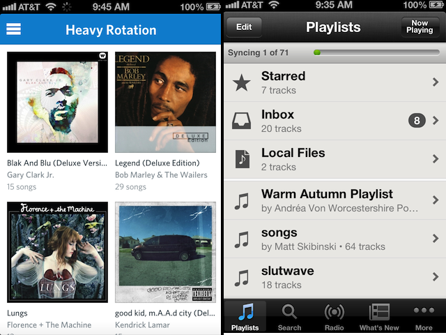 Rdio's main screen, left, and Spotify's, right. 