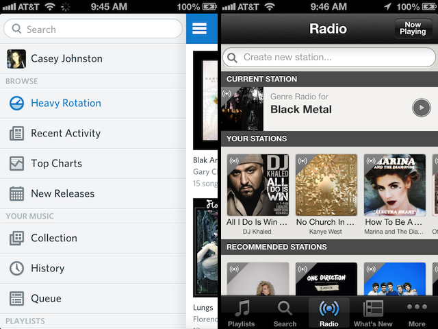 Left, Rdio's menu; right, Spotify's dedicated radio interface, likely meant to appeal to streaming Internet radio converts.